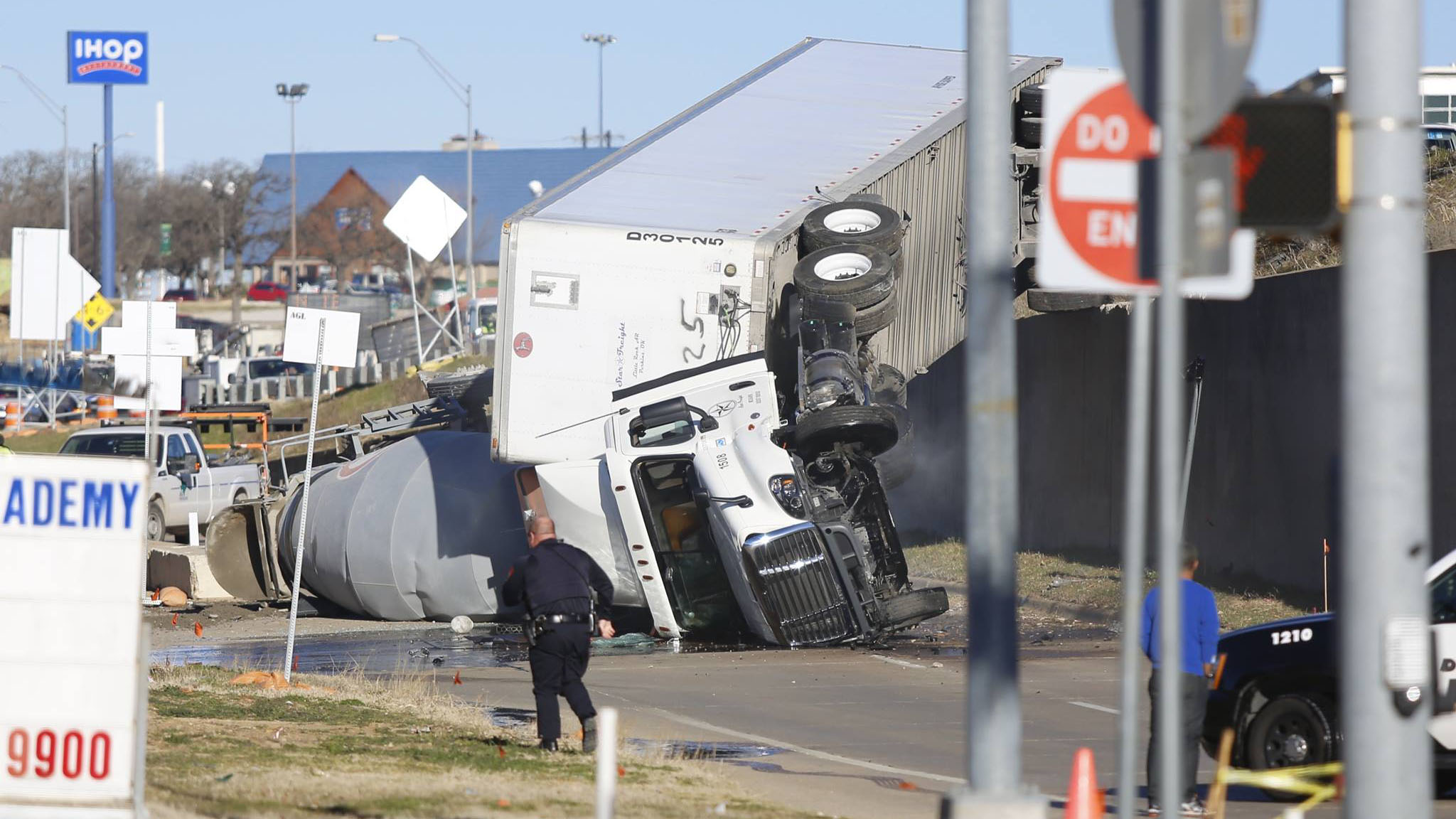 Semi flips, lands on top of cement truck | wfaa.com
