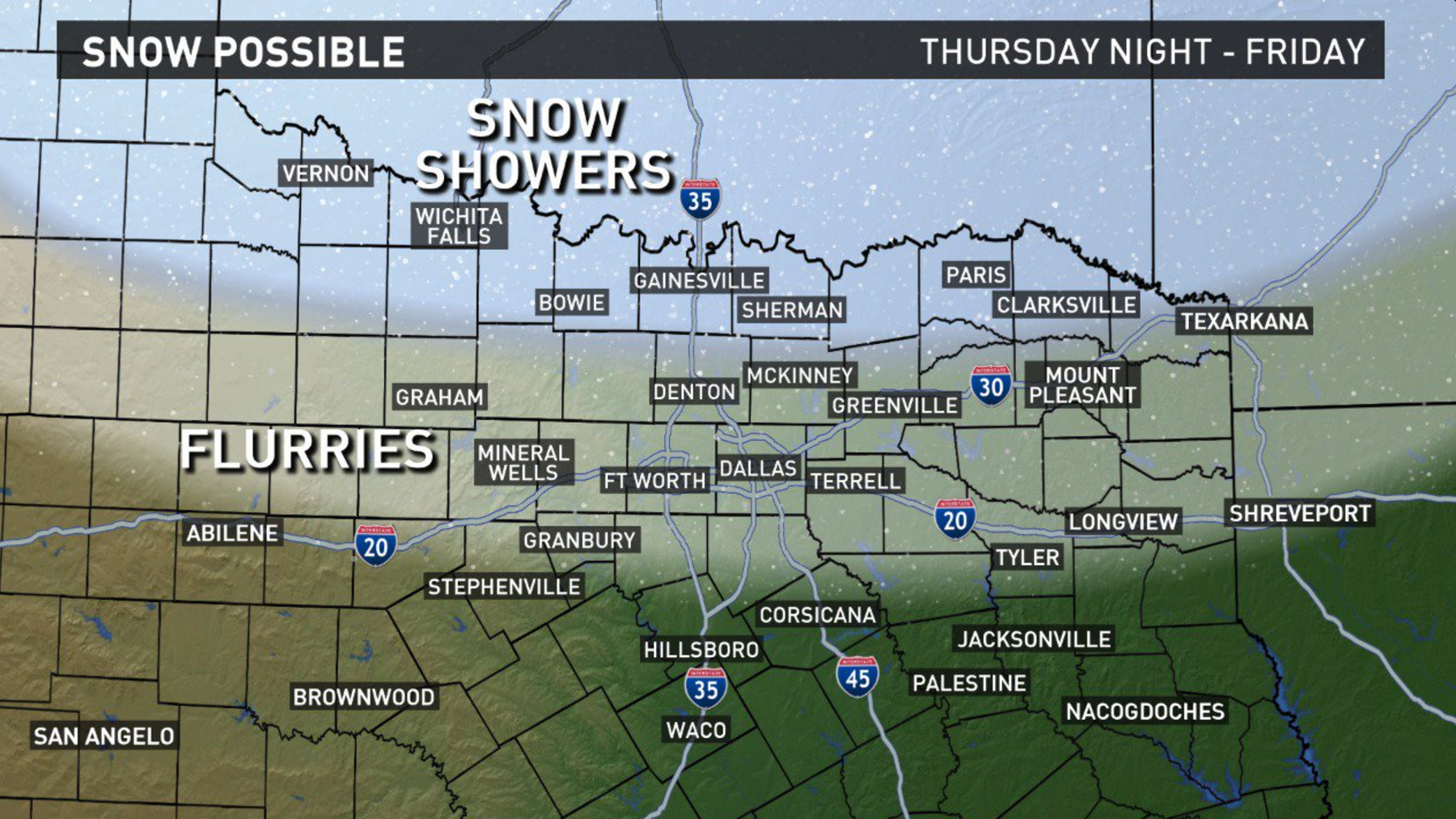 Chance of snow in North Texas Thursday night, Friday